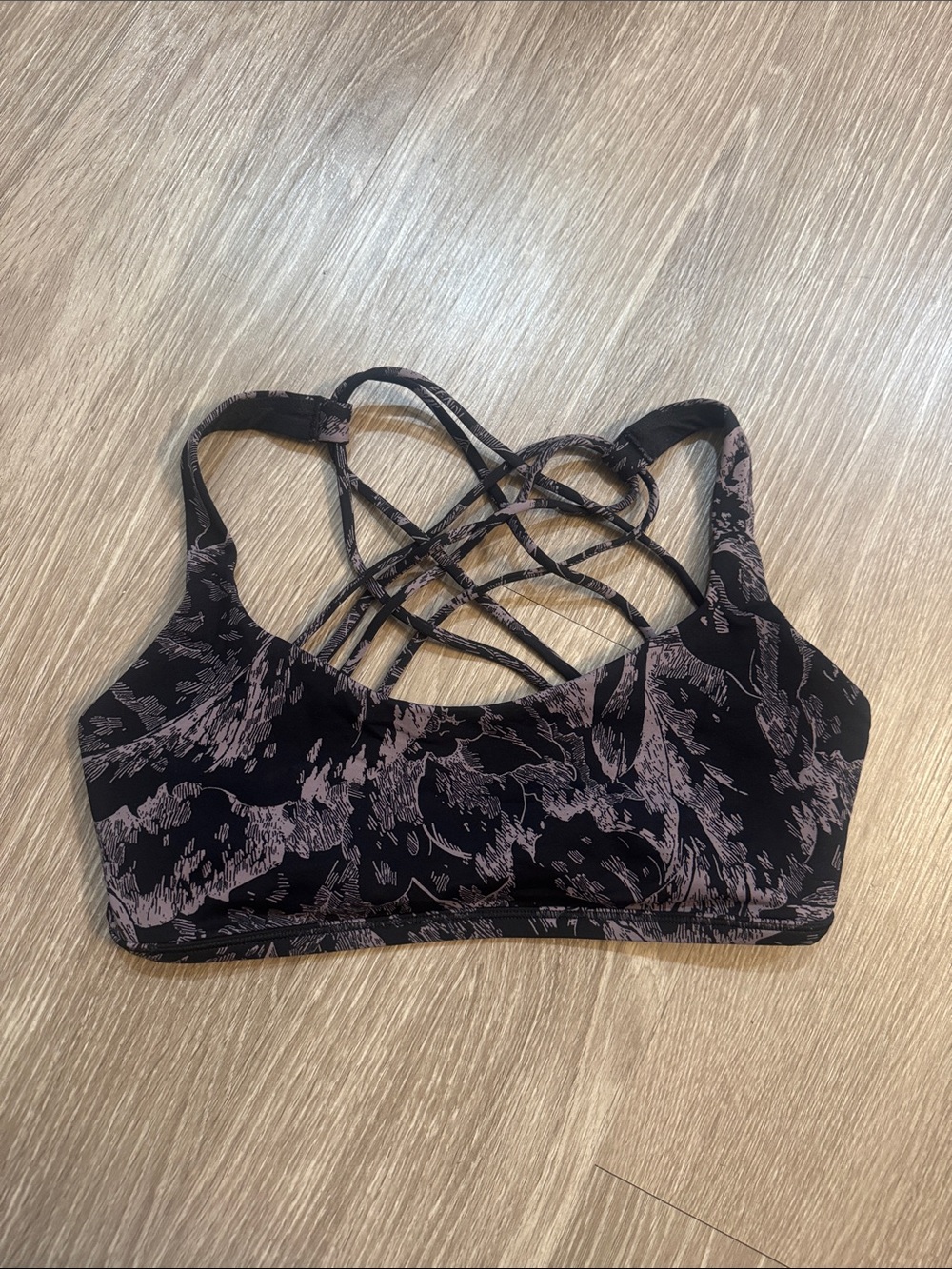 lululemon athletica Black Sports Bra with Mauve Abstract Print